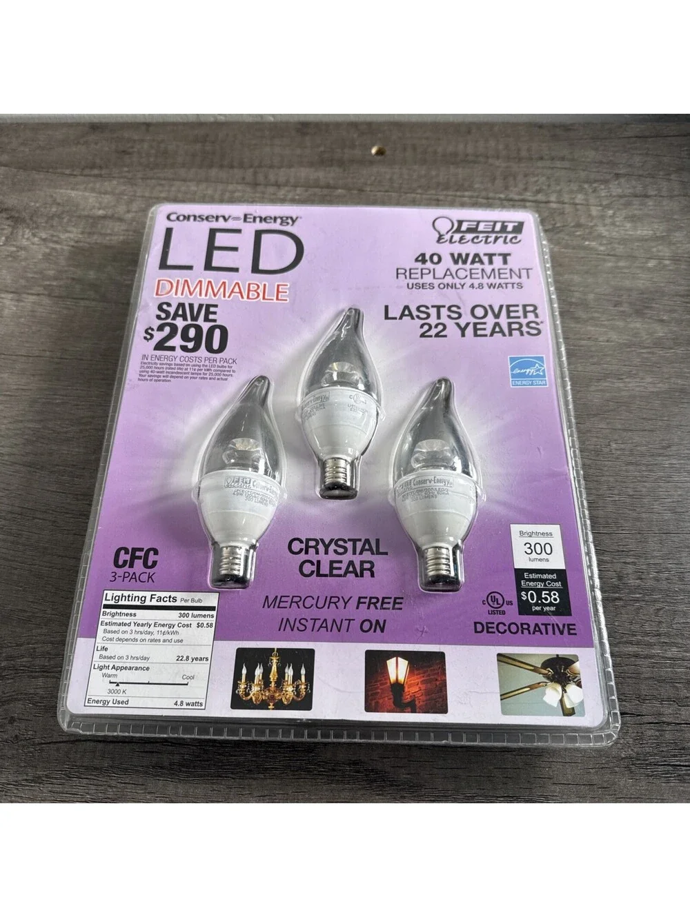 Felt Electric LED Dimmable 40W Crystal Clear Candelabra Base Bulbs 3Pk